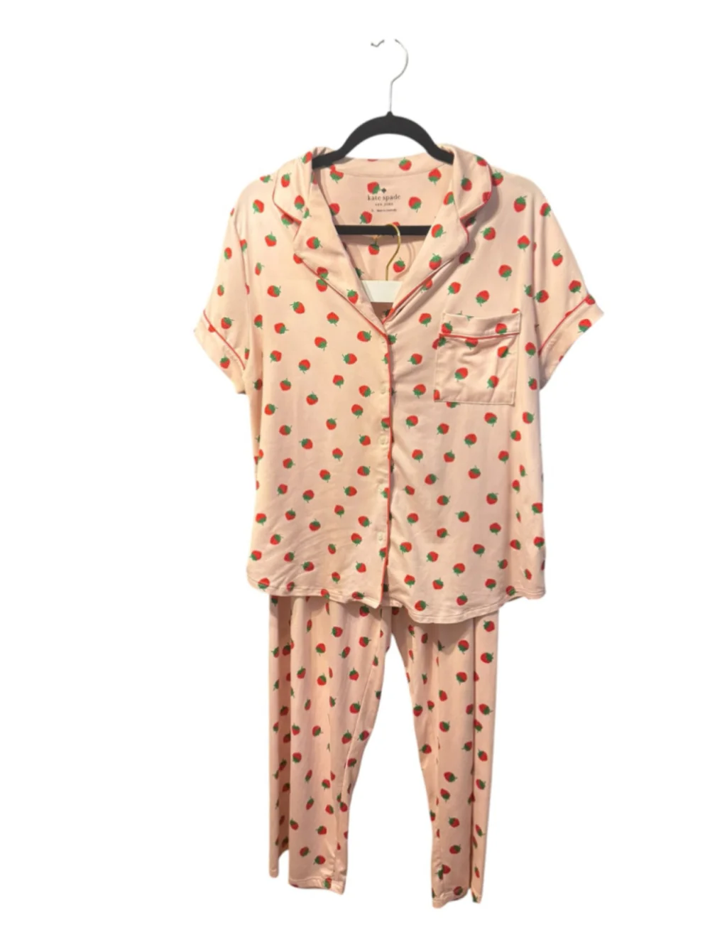 Size L Kate Spade Strawberry Pajama Set, Pink and Red Short sleeve top and pants